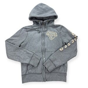 Y2K Hollister Sweatshirt Mens‎ Medium Gray Fleece Hoodie Zip Up Surf Skate